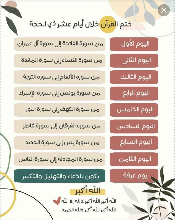 جدول ختم القرآن في العشر من ذي الحجة